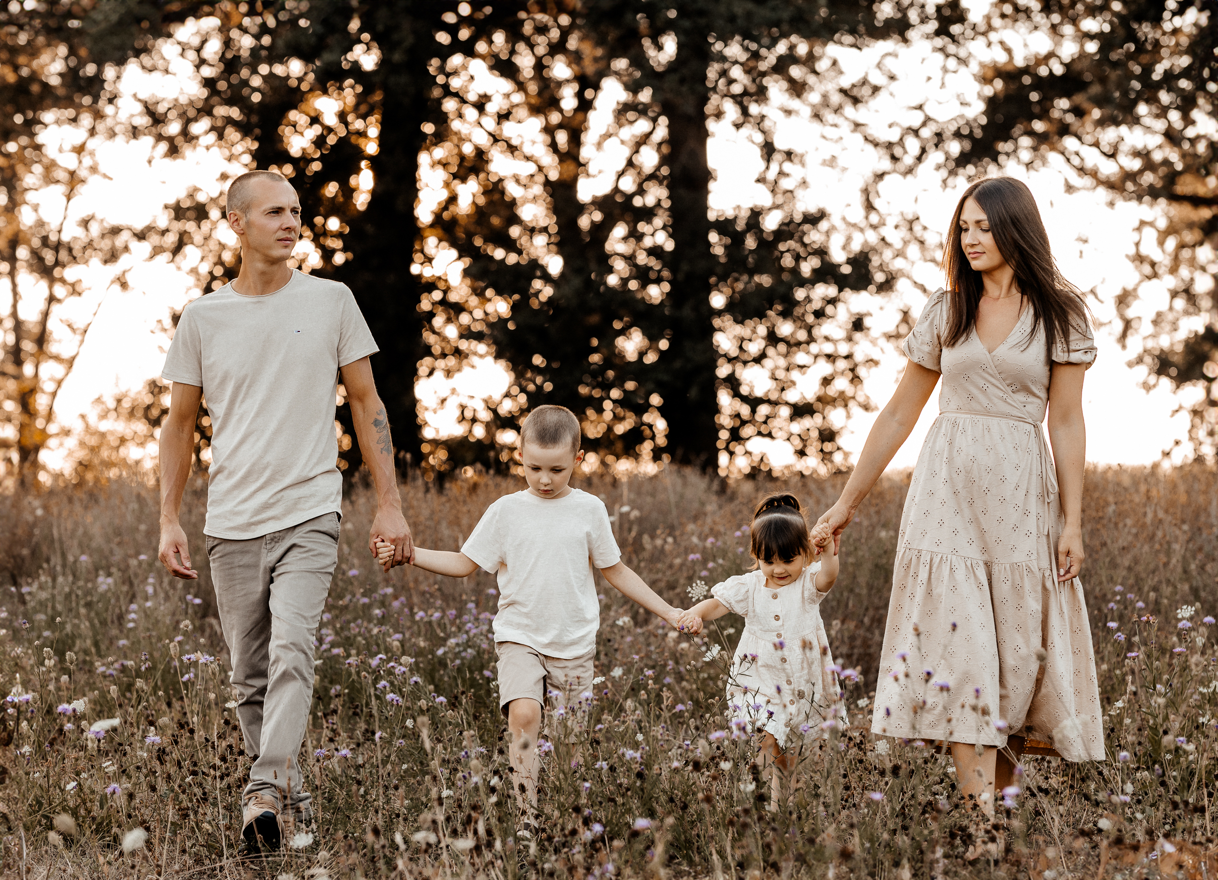 Familienfotografie im Emsland im Abendlicht auf einer Blumenwiese